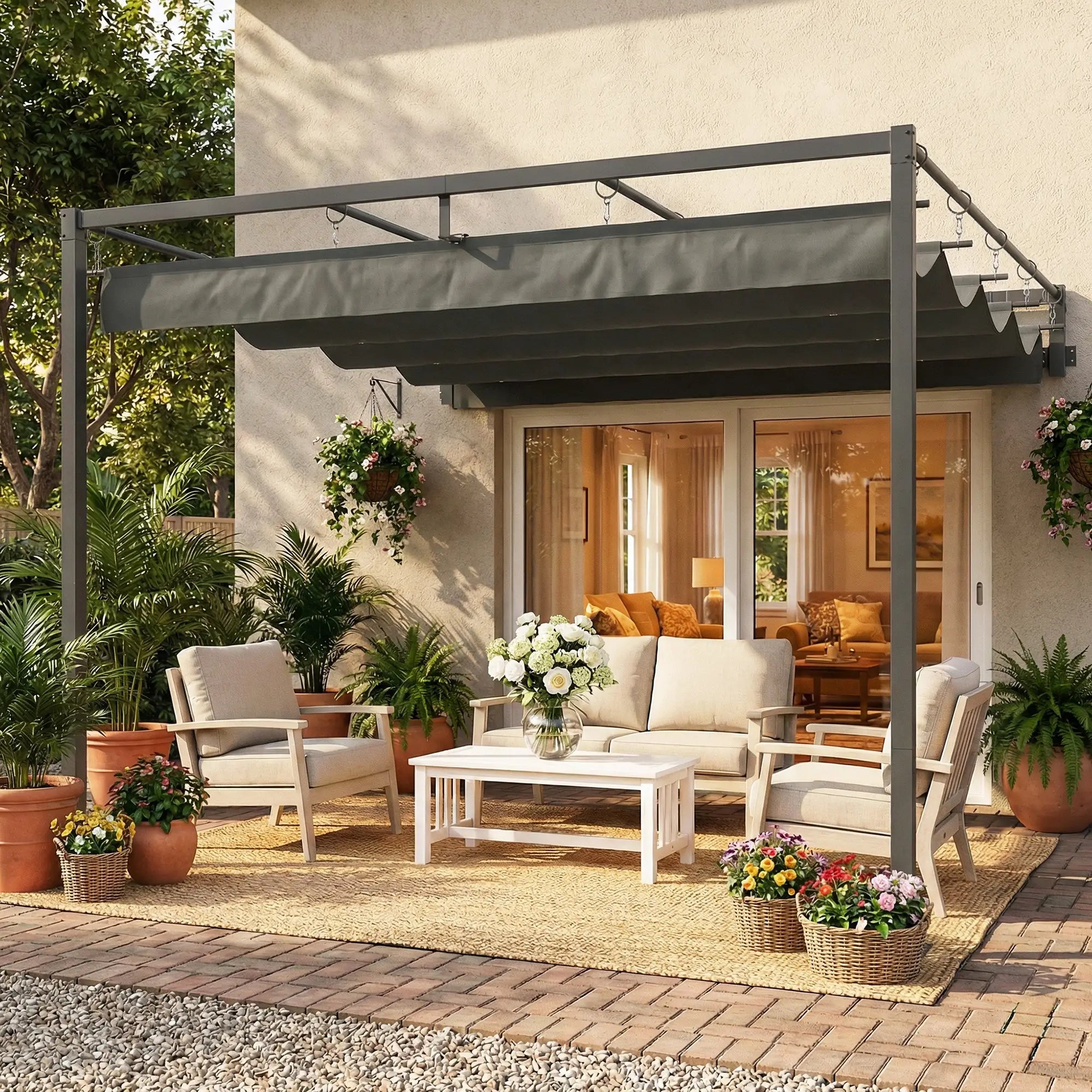 10' x 10' Retractable Pergola Canopy, Wall Mounted, Dark Grey Pergolas at Gallery Canada