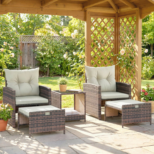 5 Piece Patio Set, Wicker Chairs With Ottomans, Glass Coffee Table, Brown Cream