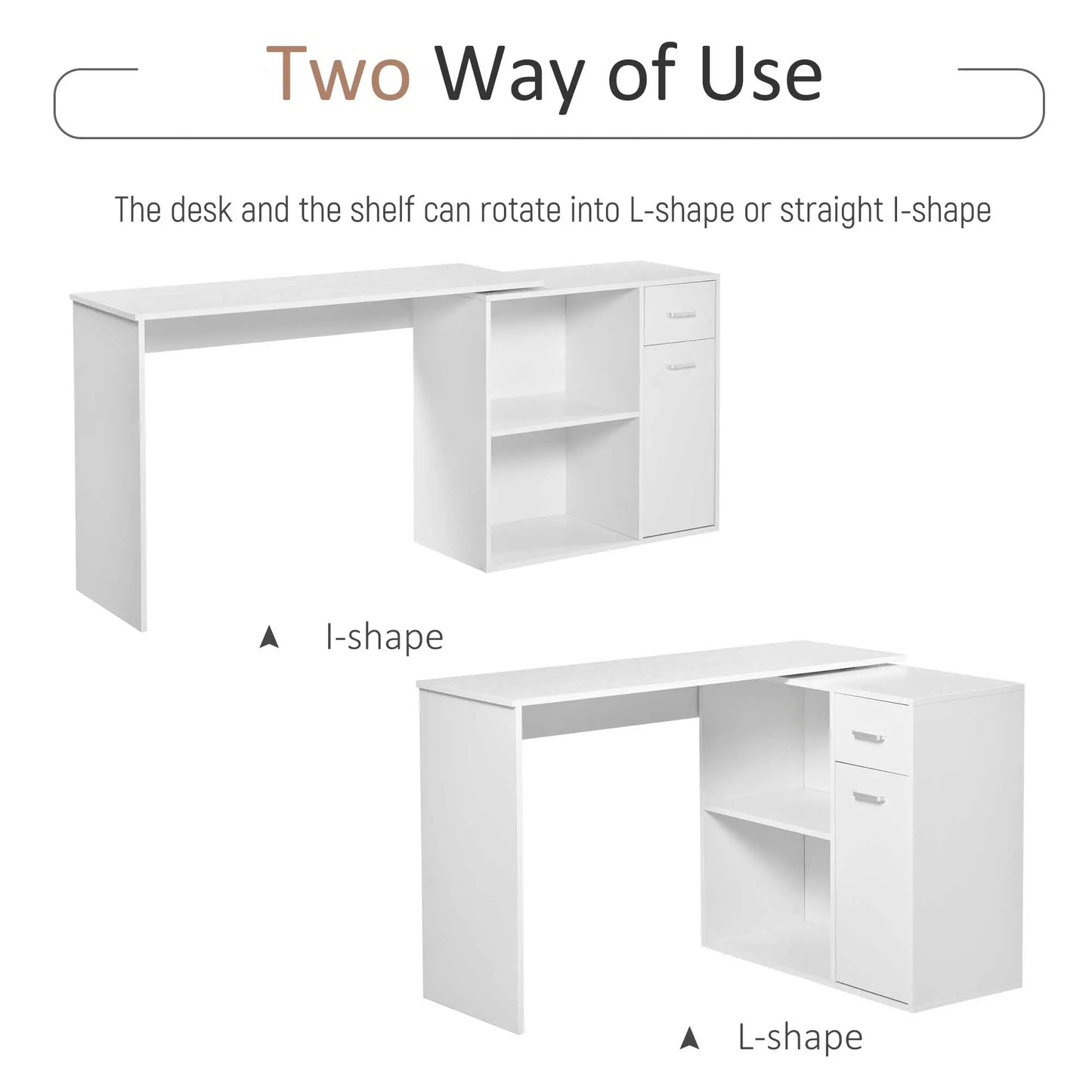 180° Rotating Corner Desk, Storage Shelf Cabinet, White Writing Desks at Gallery Canada