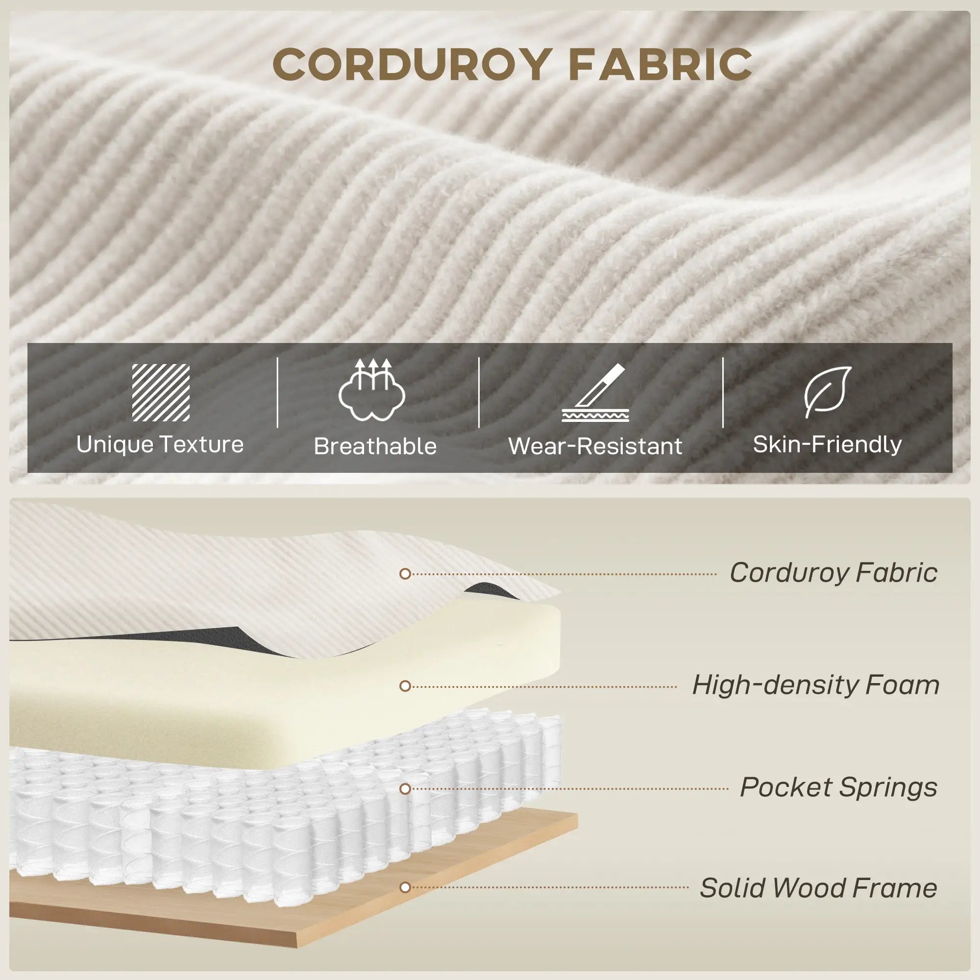 U Shaped Sectional Sofa, Corduroy, Double Chaise, Spring Cushions, 2200lb, Beige 3-Seater Sofas at Gallery Canada