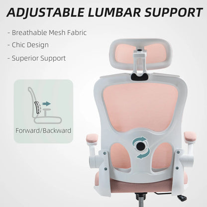 Mesh Office Chair, Ergonomic Desk Chair, Flip-up Armrest, Rotatable Headrest, Adjustable Lumbar Support, Pink Office Chairs at Gallery Canada