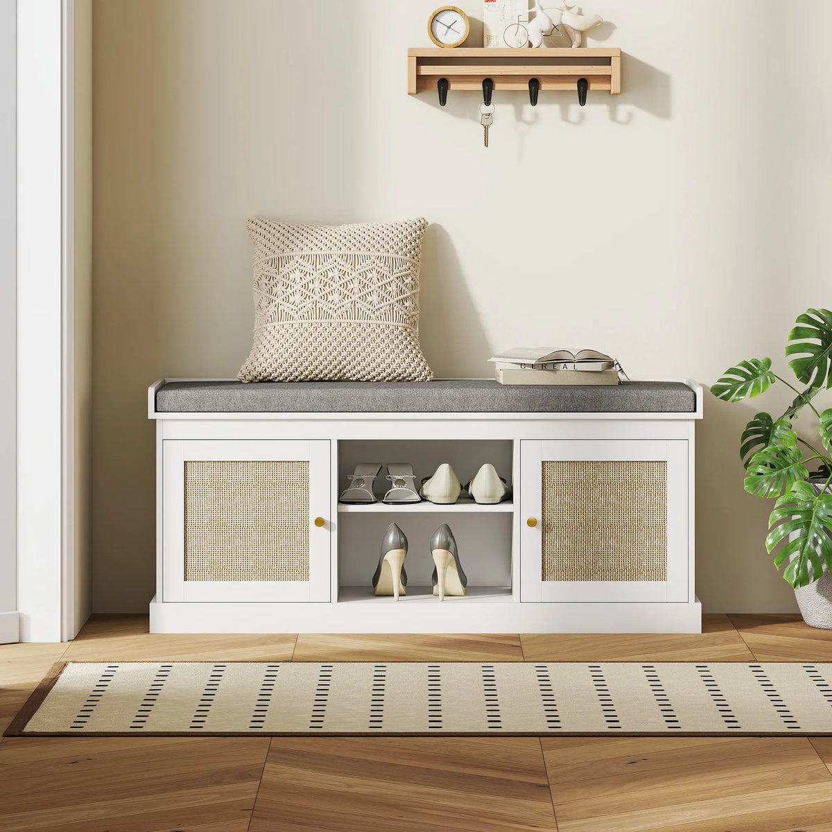 Shoe Bench with Padded Cushion, Boho Entryway, Rattan Doors, Adjustable Shelves, White Shoe Storage Cabinets & Racks at Gallery Canada