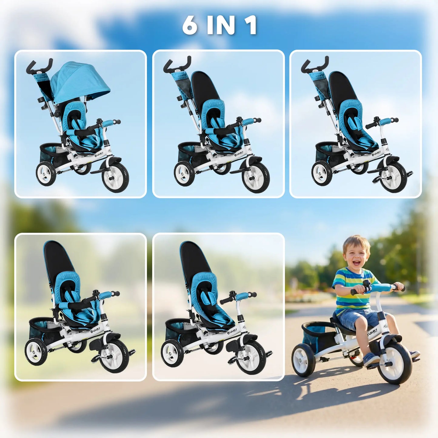 6 in 1 Tricycle for Toddlers, Parent-Push Handle, Blue Tricycles for Kids at Gallery Canada