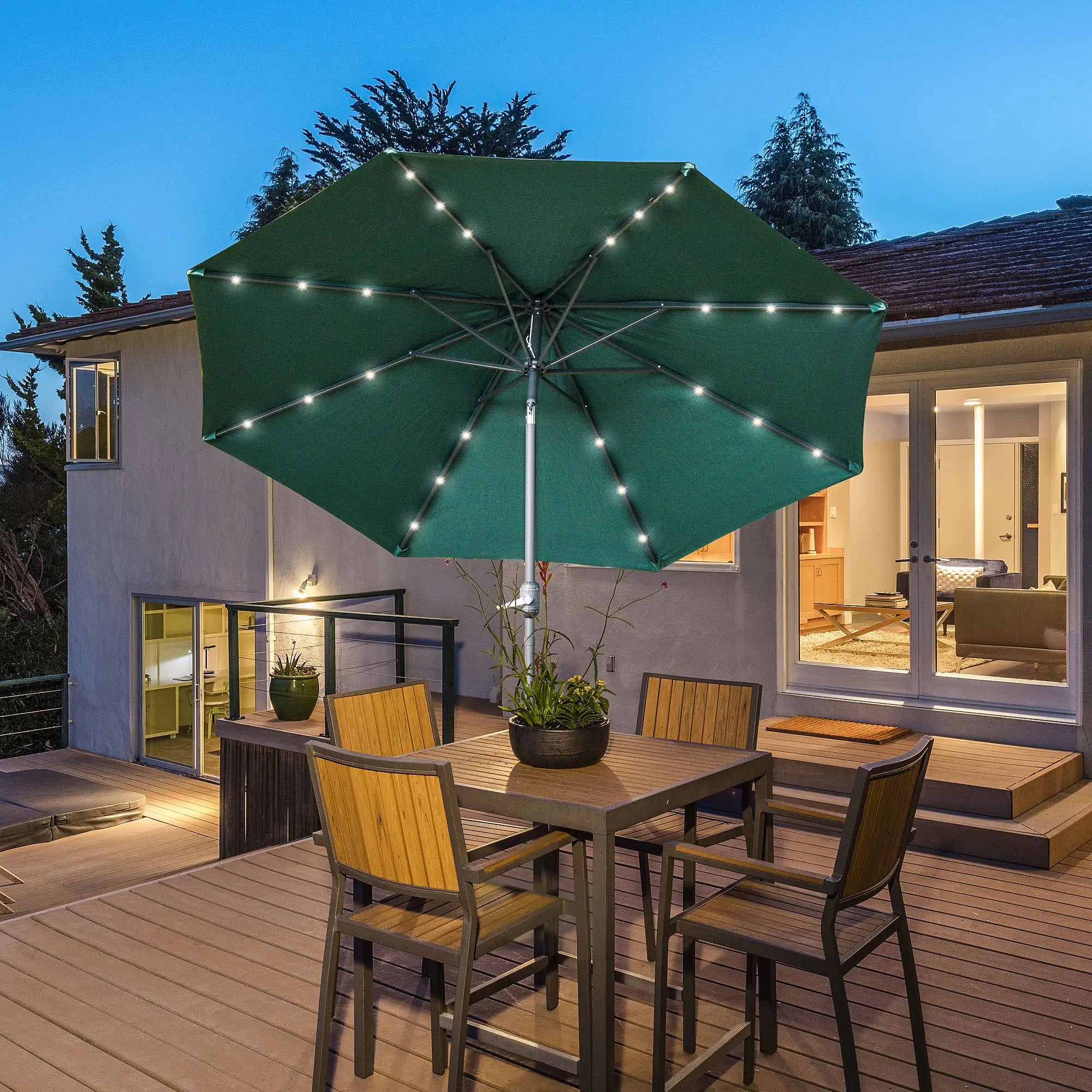 9ft Solar Patio Umbrella, 24 LED Lights, Tilt Canopy, Green Sun Umbrellas at Gallery Canada