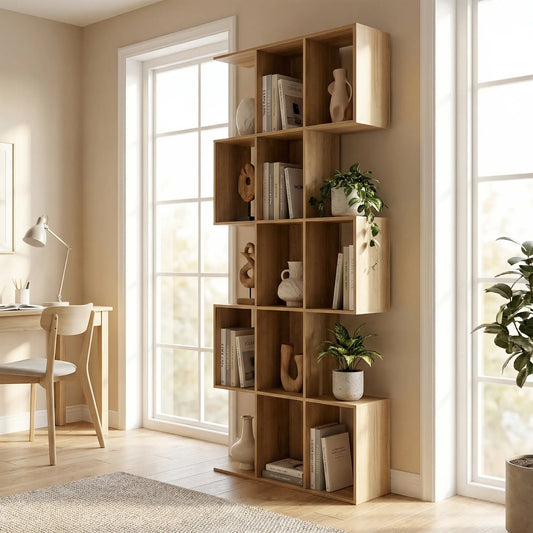 5-Tier S Shaped Geometric Bookcase, 15 Compartments, Oak Display Bookshelves Oak at Gallery Canada