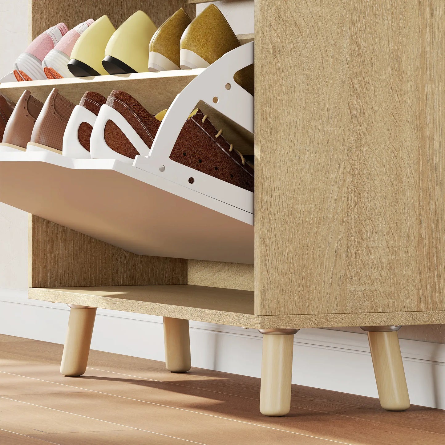 Narrow Shoe Cabinet, 2 Flip Drawers, Adjustable Shelves, White Shoe Storage Cabinets & Racks at Gallery Canada
