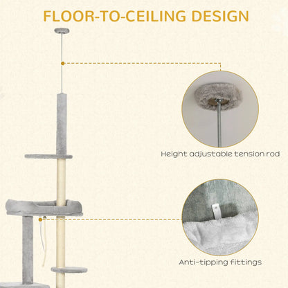 Adjustable Cat Tree, 85-101 Inches, Climbing Center with Scratching Posts, Grey Floor to Ceiling Cat Trees at Gallery Canada
