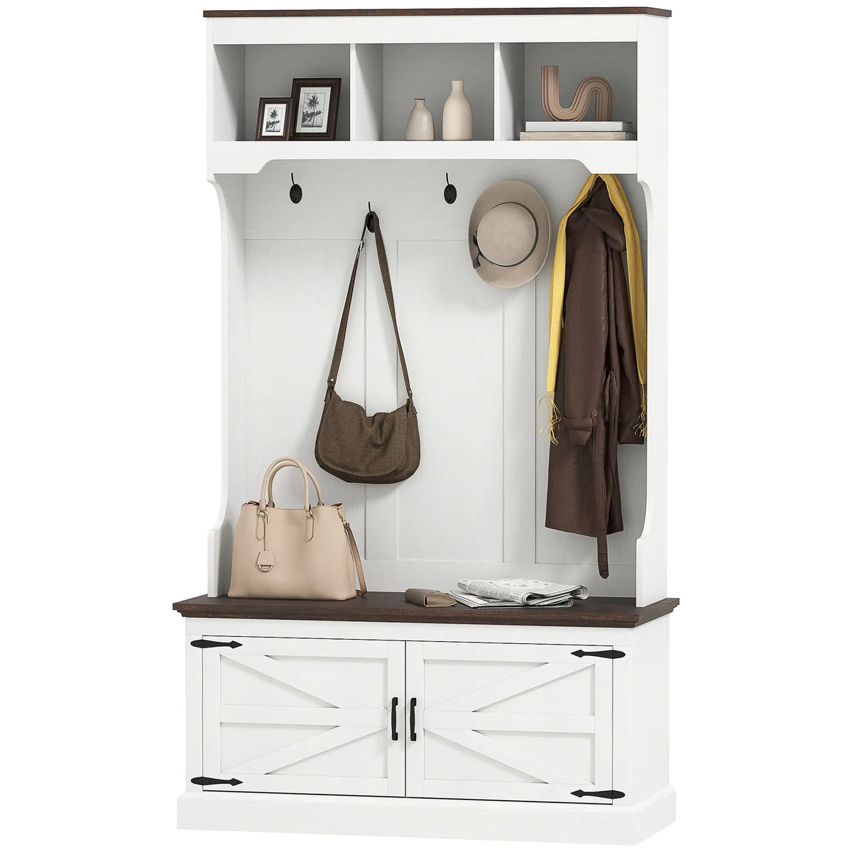 3-in-1 Hall Tree, Bench, Coat Rack with Shoe Storage, White Wood Grain, White Clothing Storage White Wood Grain, Oak Wood Grain at Gallery Canada