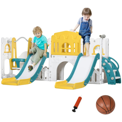 8 in 1 Slide Swing Set, Baby Swing with Basketball Hoop, Climber, Steering Wheel, Ages 1-3, Yellow Gym Sets & Swings at Gallery Canada