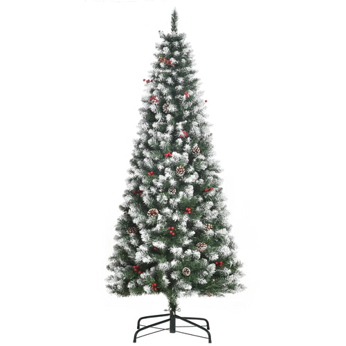 6ft Flocked Christmas Tree, Red Berries Pine Cones, Pencil Shape, Green