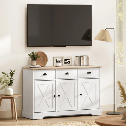 46.5" Buffet Cabinet, Farmhouse Sideboard, 3 Barn Doors, 3 Drawers, White Bar Cabinets at Gallery Canada