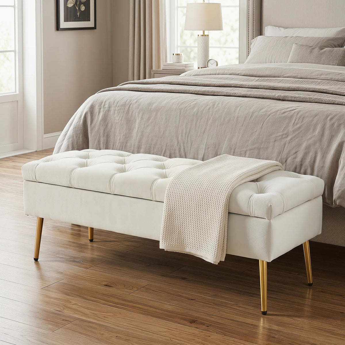 Upholstered Bedroom Bench with Gold Tone Metal Legs, Velvet Tufted and Thick Padding, Beige Storage Ottomans & Benches at Gallery Canada