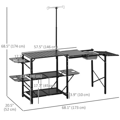 Folding Camping Kitchen, Portable Aluminum Cook Station, 3 Side Tables, 2 Shelves, Black Picnic Tables & Camping Chairs at Gallery Canada