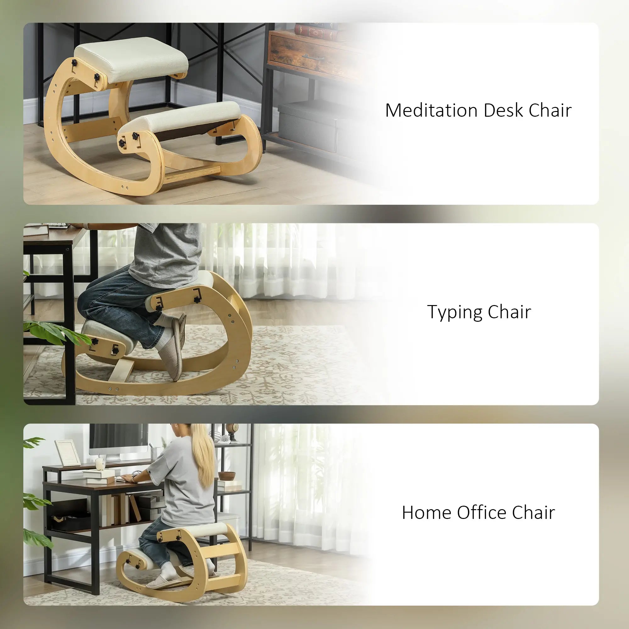 Ergonomic Kneeling Chair, Adjustable Rocking Wood Stool, Cream White Office Chairs at Gallery Canada