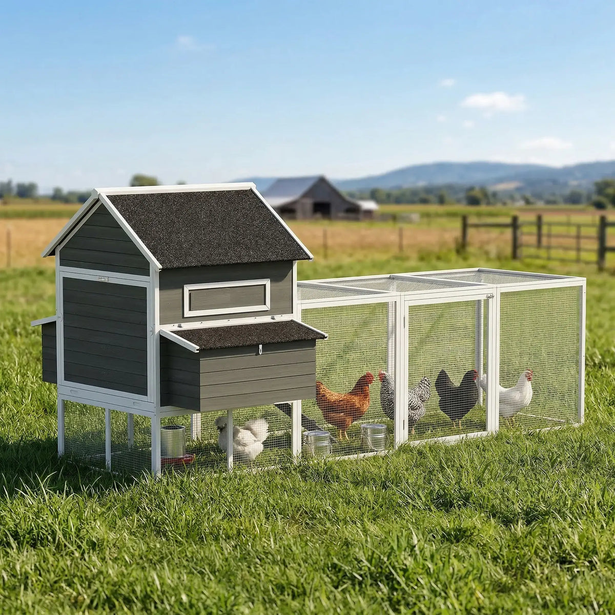 Wooden Chicken Coop With Run, Nesting Box, 137", Dark Grey Chicken Coops at Gallery Canada