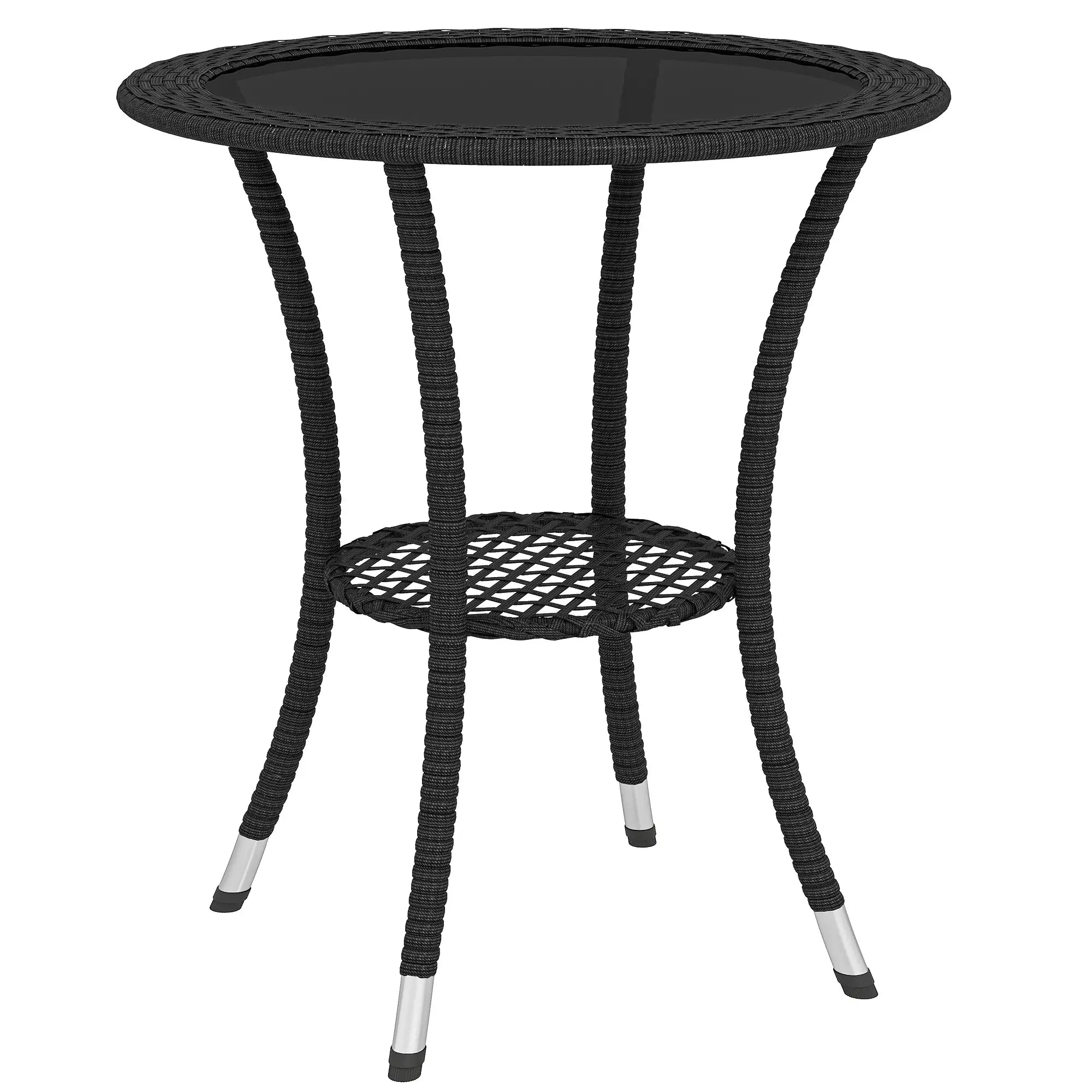 Outdoor Rattan Dining Table, Round Coffee Table with 2-Tier Shelf, Black Patio Dinning Tables at Gallery Canada