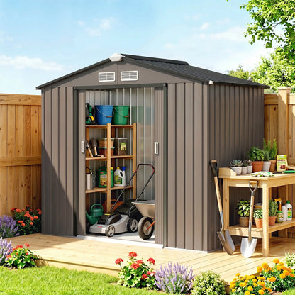 7' x 4' x 6' Garden Storage Shed, Metal, Double Doors, Brown Sheds at Gallery Canada