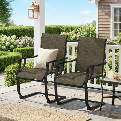 Spring Motion Patio Chairs Set Of 2, Curved High Backrest, Armrest, All Weather Fabric, Metal Frame