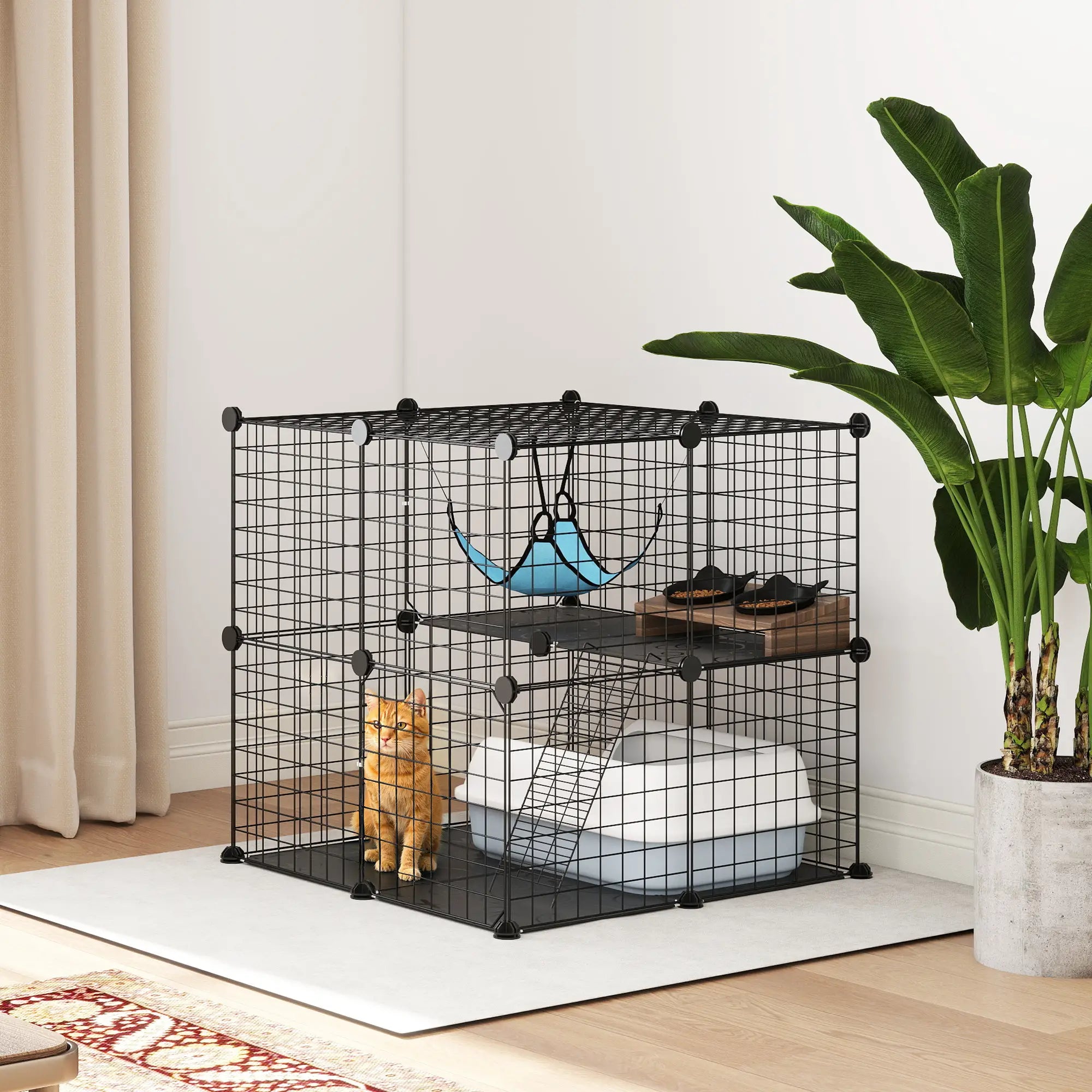 2 Tier Cat Cage, DIY Pet Playpen With 2 Doors, Ladder, Hammock, Perch, Black Outdoor Cat Enclosures at Gallery Canada
