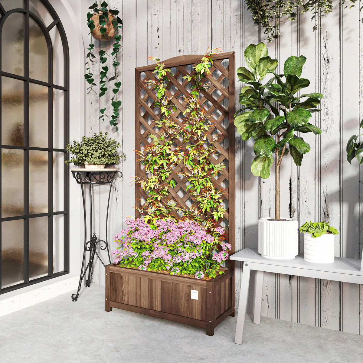 Wood Planter With Trellis, Raised Garden Bed, 30" x 14" x 67", Dark Brown Wooden Planter Boxes at Gallery Canada