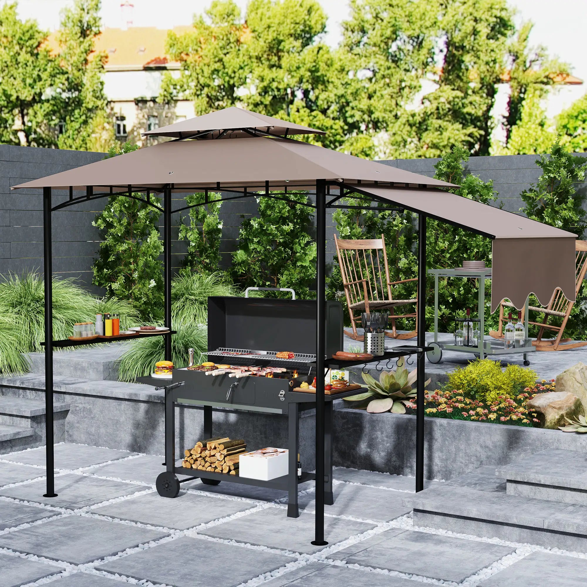 8' x 5' Grill Gazebo, Double Tiered Barbecue Shelter, Khaki BBQ Grill Gazebos at Gallery Canada