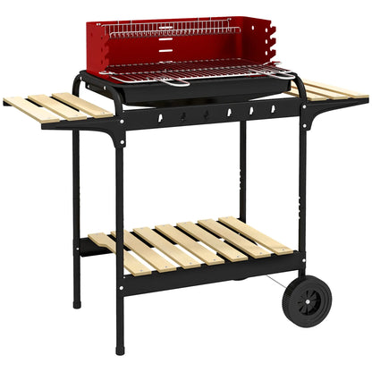 Charcoal Barbecue Grill, Adjustable Height, Portable BBQ Trolley, Red
