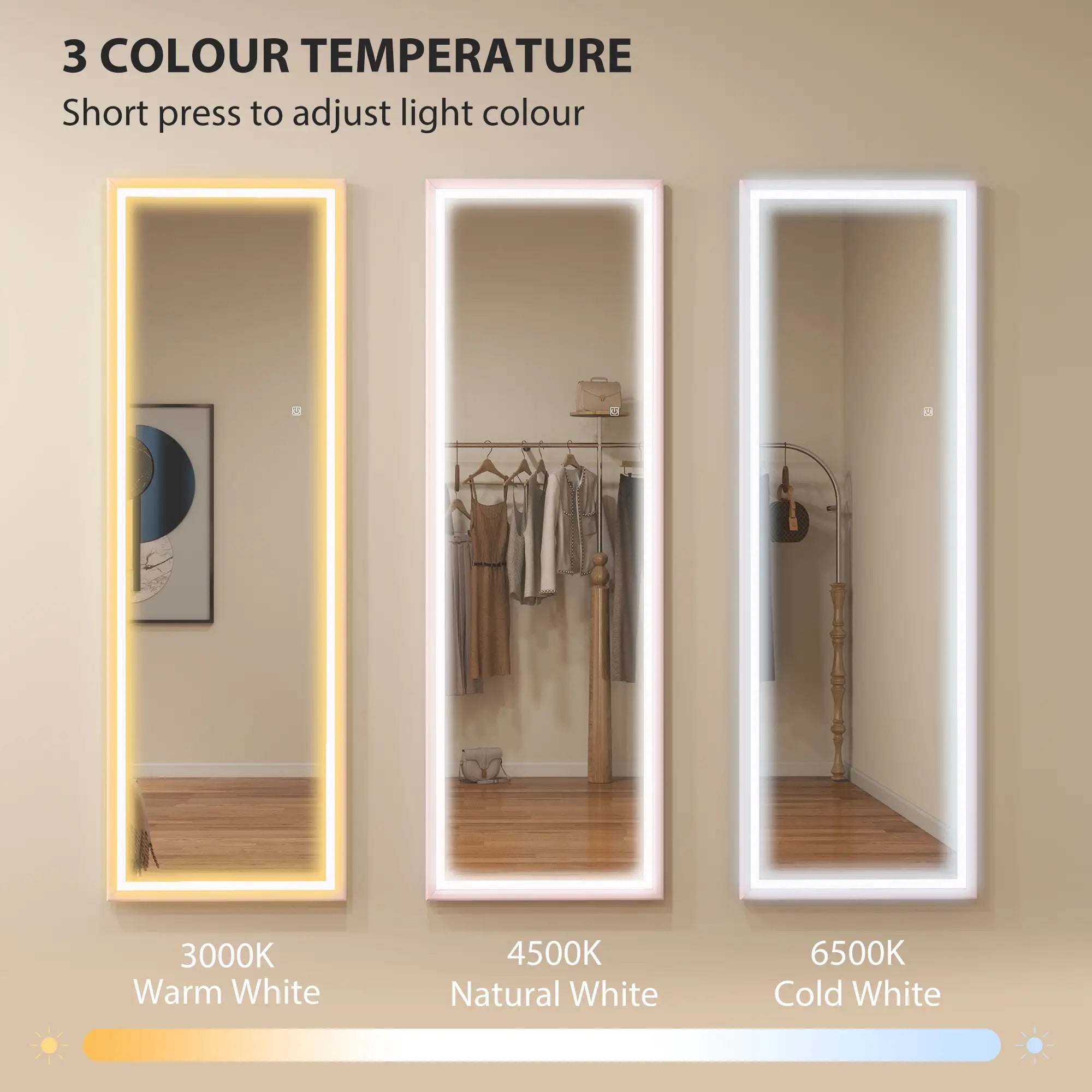 LED Mirror, Dimmable 3 Color Lights, 64