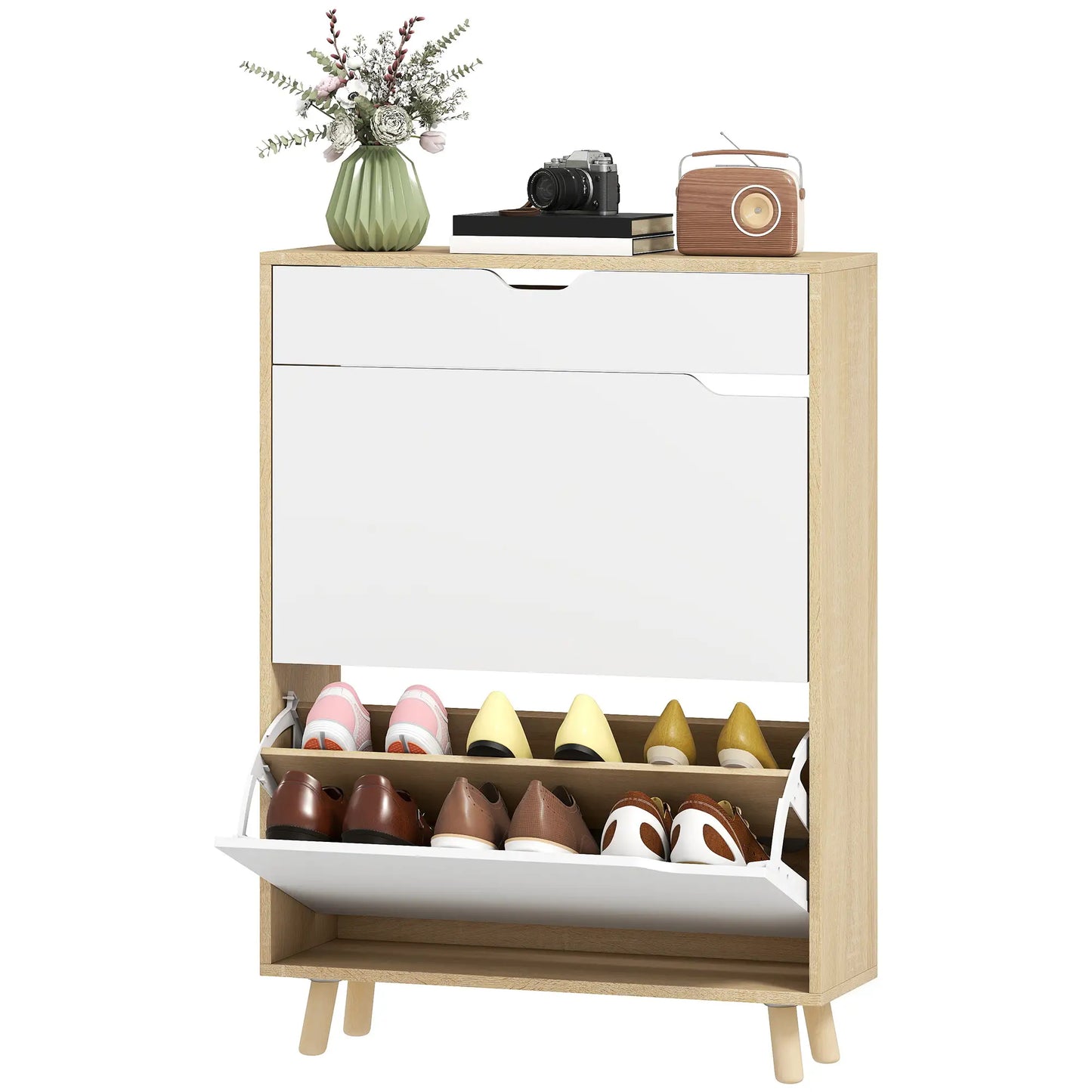 Narrow Shoe Cabinet, 2 Flip Drawers, Adjustable Shelves, White Shoe Storage Cabinets & Racks White at Gallery Canada