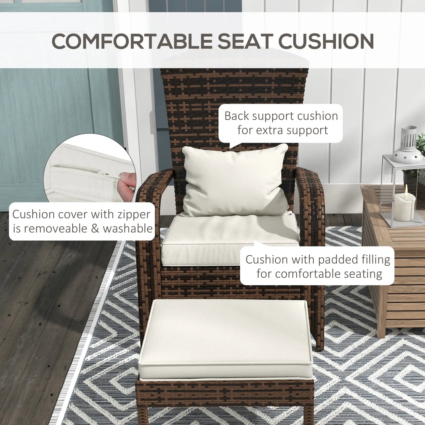 Wicker Adirondack Chair with Ottoman, Cushioned Patio Chair, Cream White, Brown Patio Chairs at Gallery Canada
