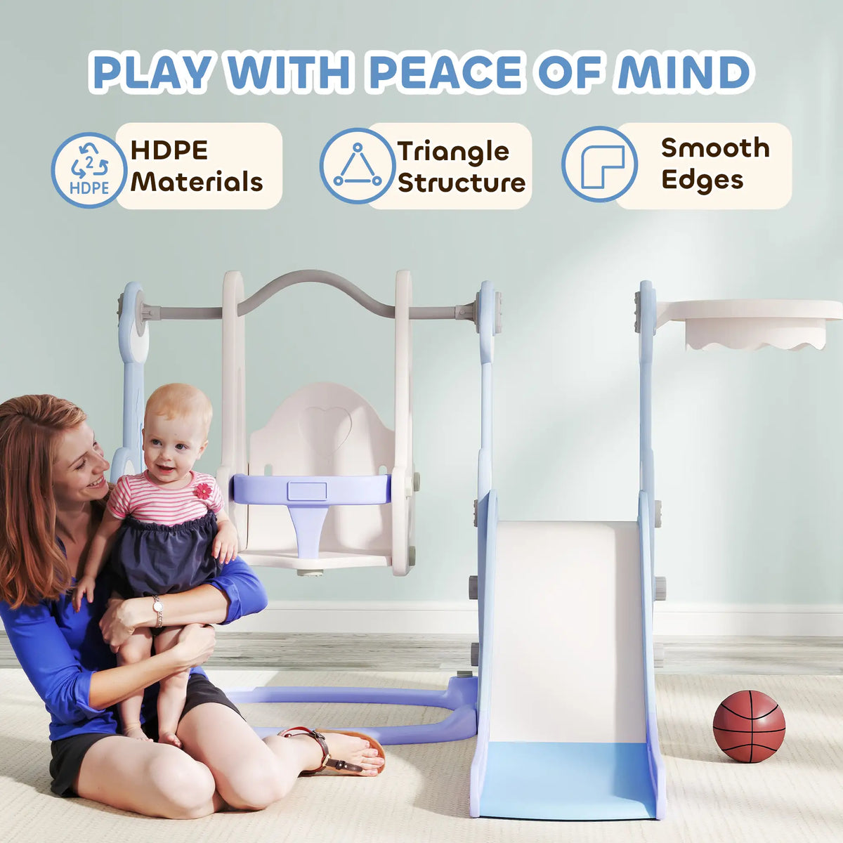 4-in-1 Slide Swing Set, Basketball Hoop, Climber, Ages 1.5-4, Rocket Themed, Light Blue Gym Sets & Swings at Gallery Canada