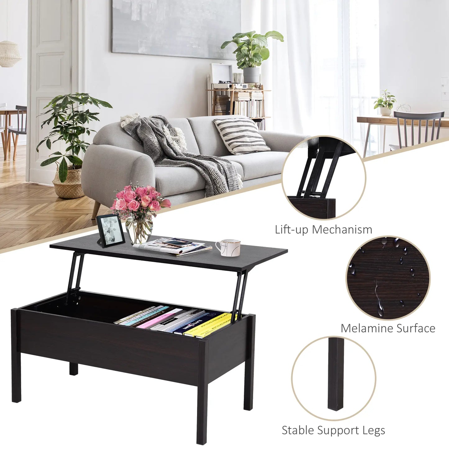 39" Lift Top Coffee Table, Hidden Storage, Living Room Center Table Coffee Tables at Gallery Canada