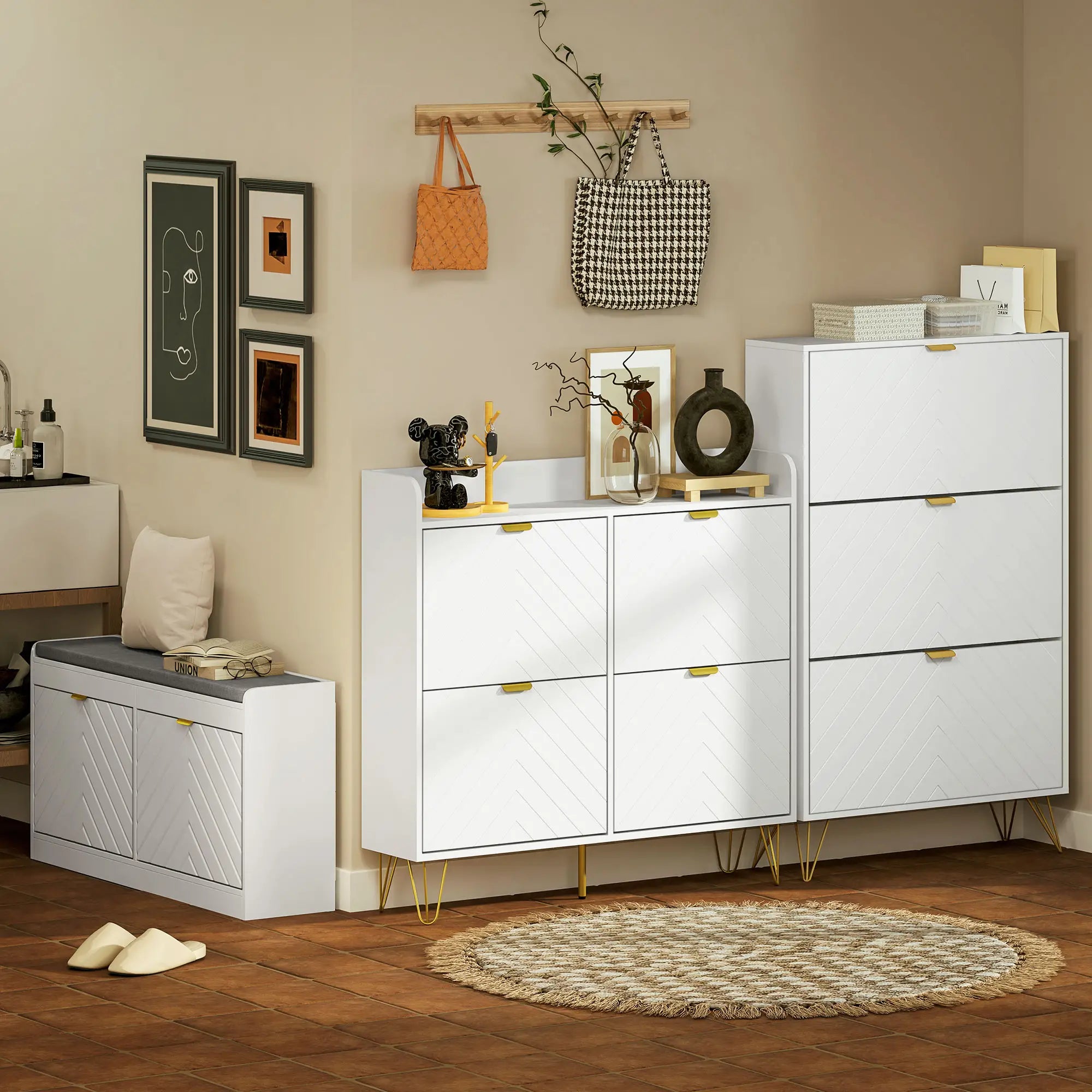 Shoe Storage with Seat, Upholstered Hallway Bench, Shoe Bench with 2 Flip Drawers and 4 Vents for 8 Pairs of Shoes Shoe Storage Cabinets & Racks at Gallery Canada