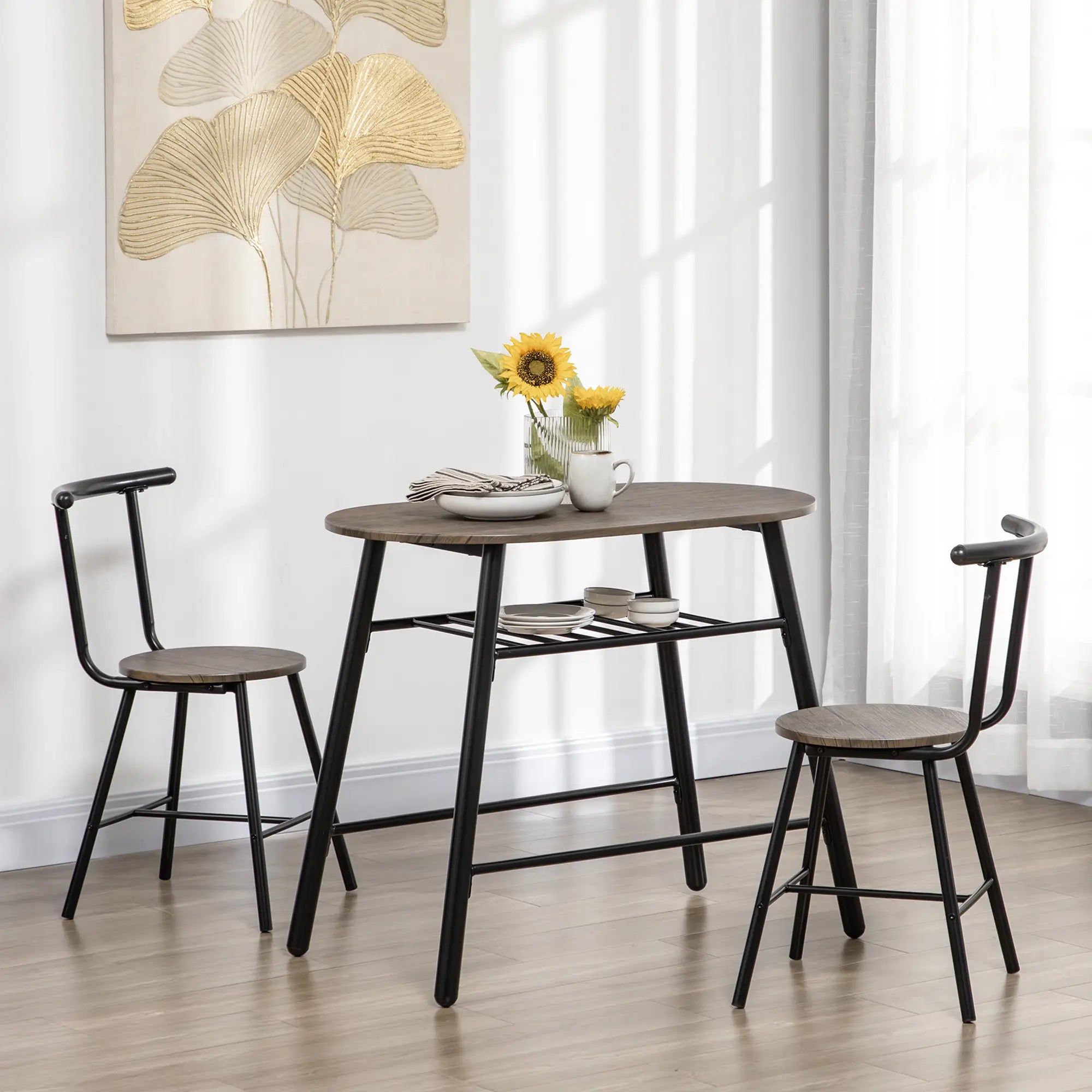 3-Piece Oval Dining Table Set, 2 Chairs, Metal Frame, 35.4