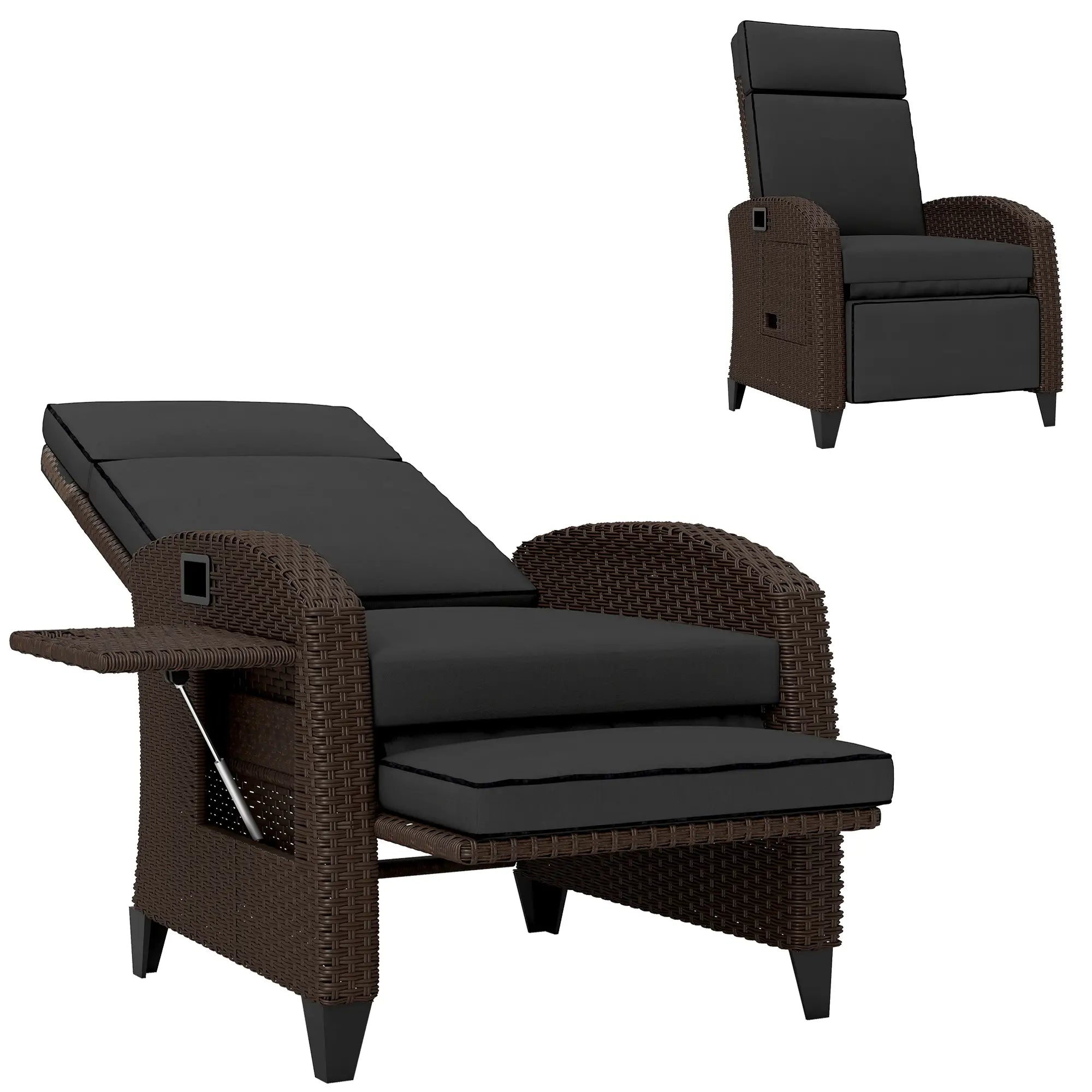 Outdoor Recliner Chair, Adjustable Backrest, Cushion, Side Tray, Black Wicker Chaise Loungers at Gallery Canada