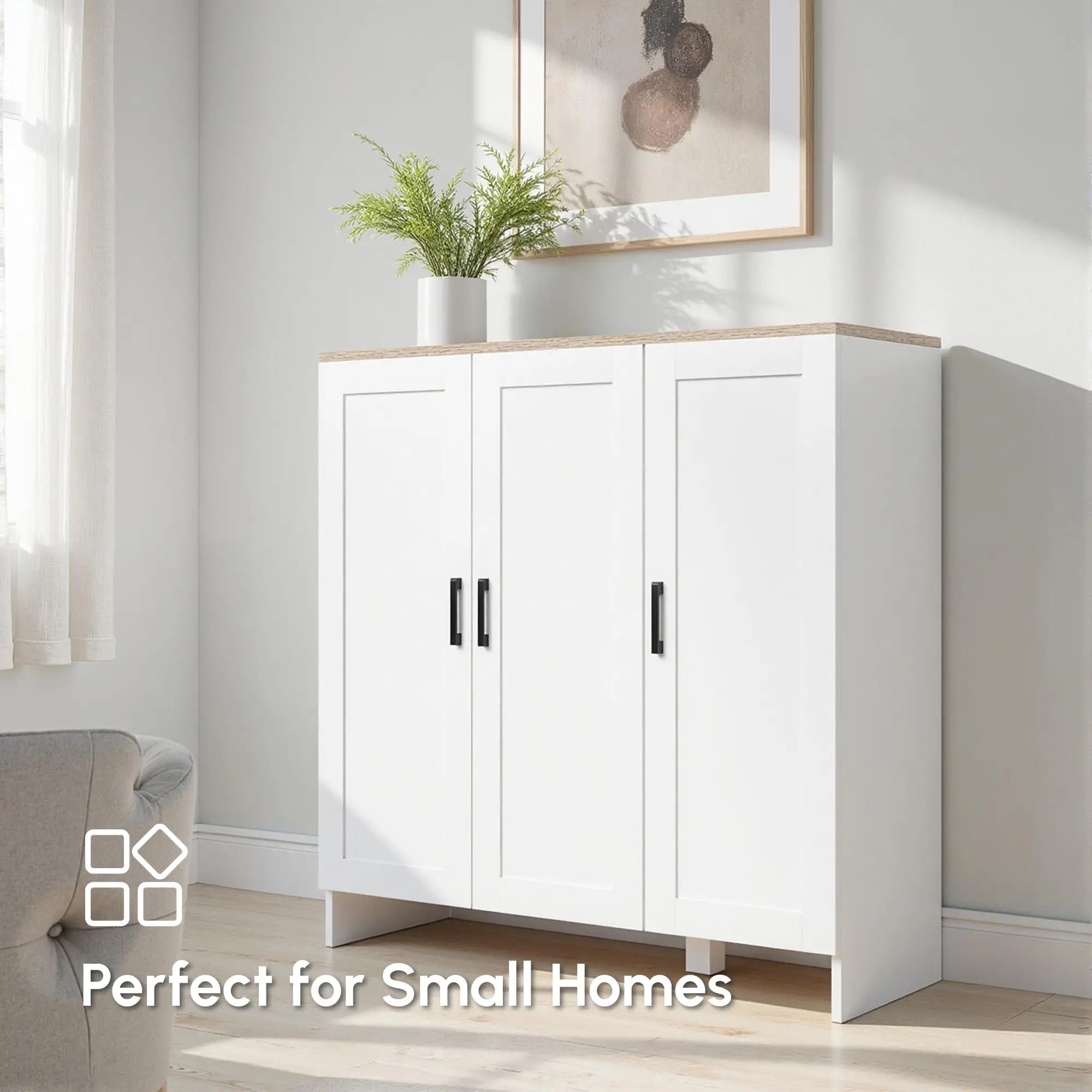 Modern Sideboard Buffet Cabinet, 3 Doors Adjustable Shelves, White Bar Cabinets at Gallery Canada