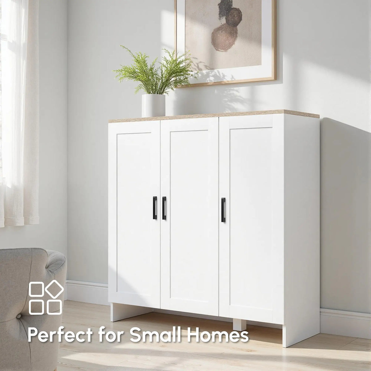 Modern Sideboard Buffet Cabinet, 3 Doors Adjustable Shelves, White Bar Cabinets at Gallery Canada