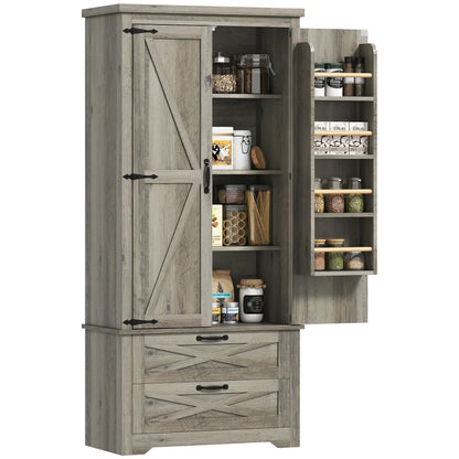 Farmhouse Kitchen Pantry Cabinet, 64" Freestanding with Drawers, Distressed Grey, Grey Kitchen Pantry Cabinets at Gallery Canada