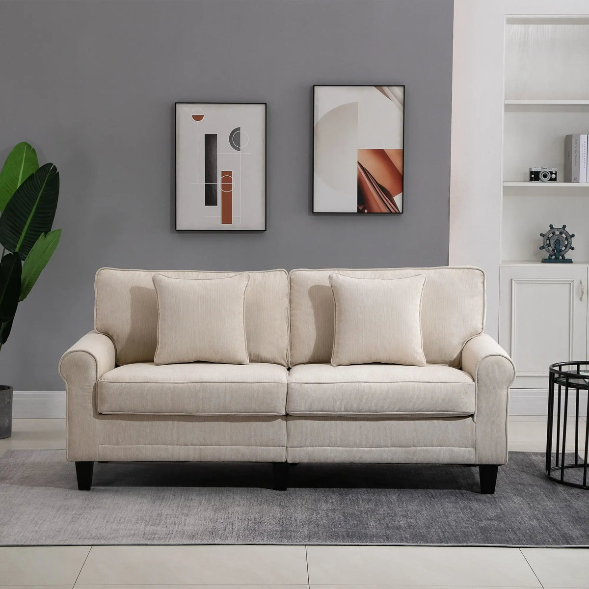 Modern 3 Seater Sofa, Corduroy Fabric, Pine Wood Legs, Beige 3-Seater Sofas at Gallery Canada