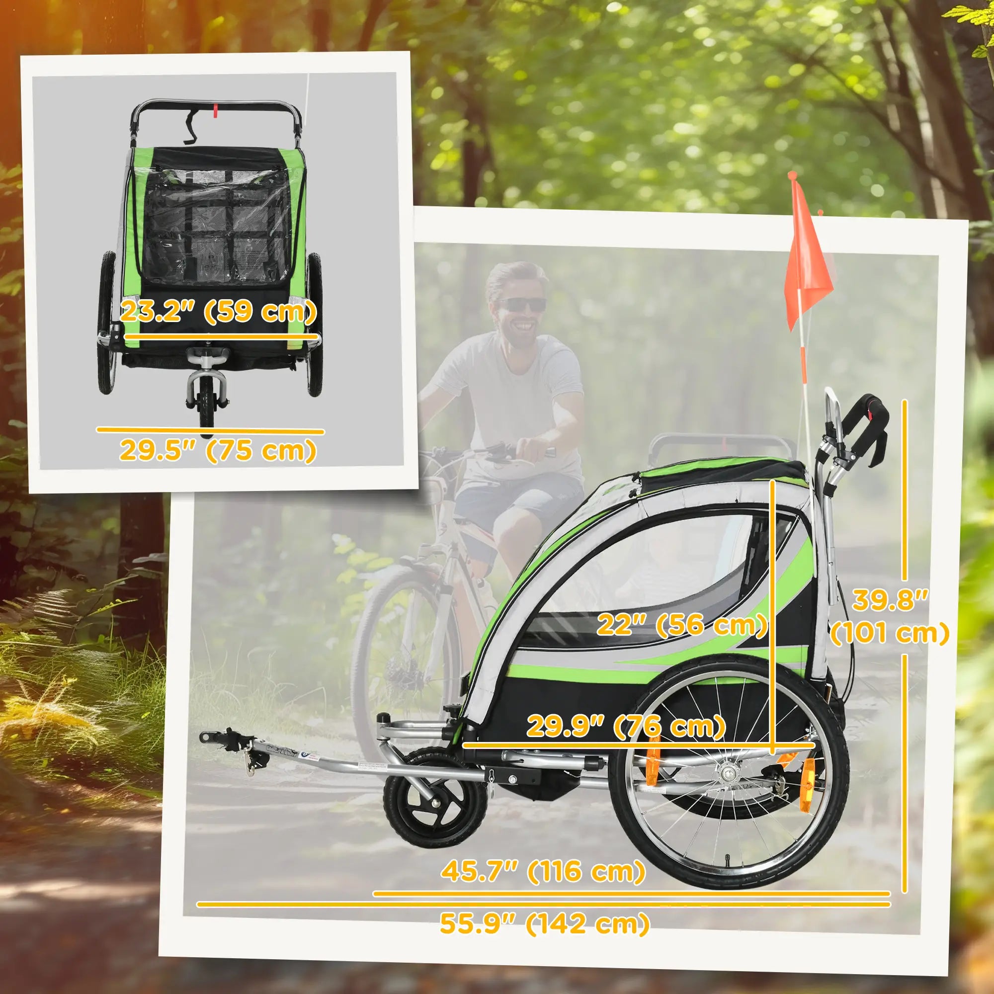 2 Seat Bike Trailer, Double Jogging Stroller, Handbrake, Rubber Wheels, Green Kids Bike Trailers at Gallery Canada