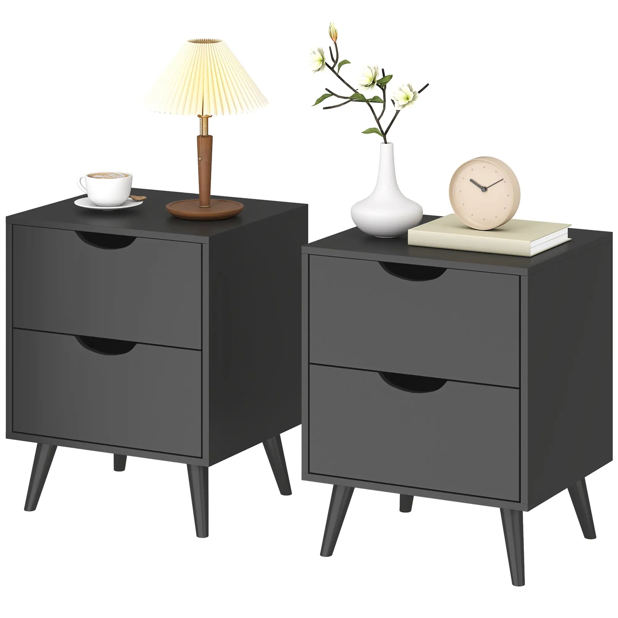 Modern Bedside Table Set Of 2, 2 Drawers, Pine Wood Legs, Black Bedside Tables Black at Gallery Canada