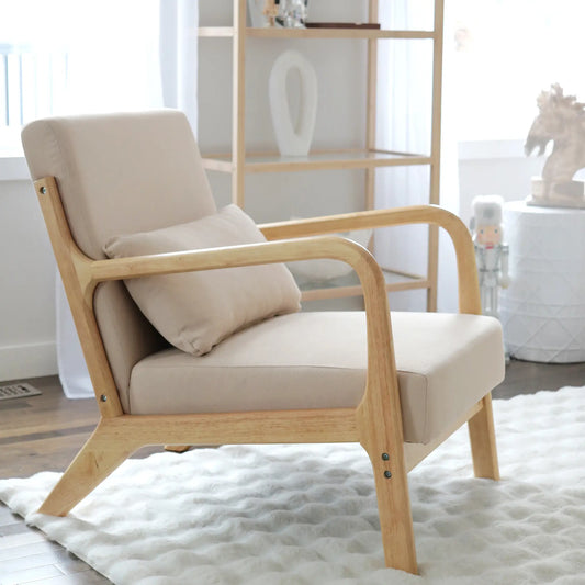 Retro Velvet Accent Chair, Wood Legs, Beige, Bedroom Lounge, Beige