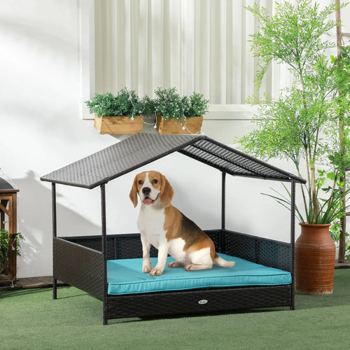 Outdoor Wicker Dog House, Soft Cushion Washable Cover, Medium Large, Blue