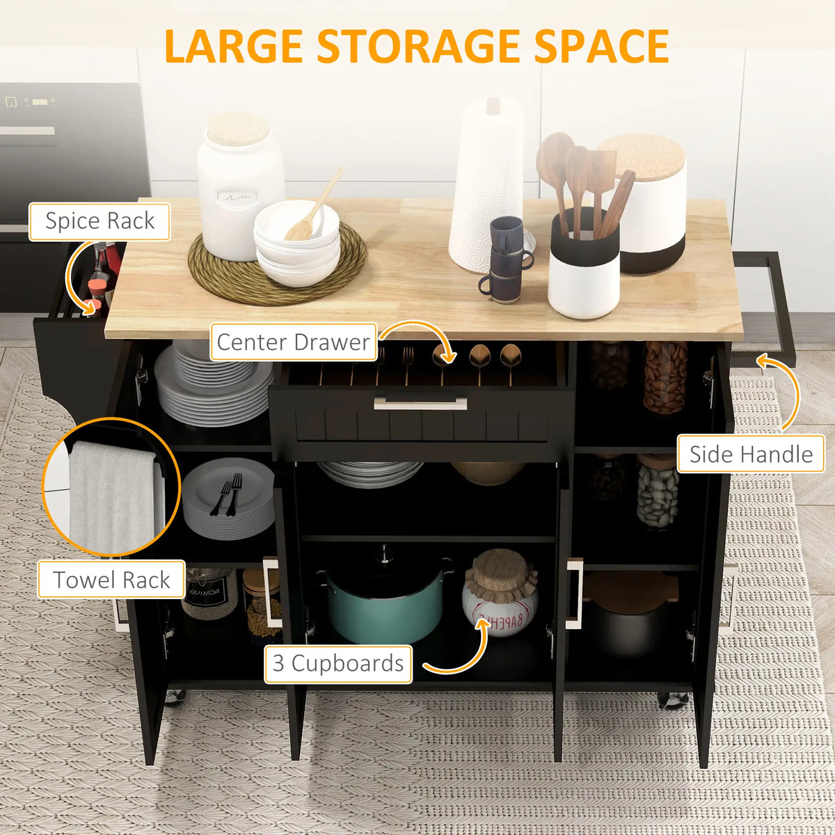 Modern Rolling Kitchen Island Cart, Natural Wood Top, Black Kitchen Islands & Kitchen Carts at Gallery Canada
