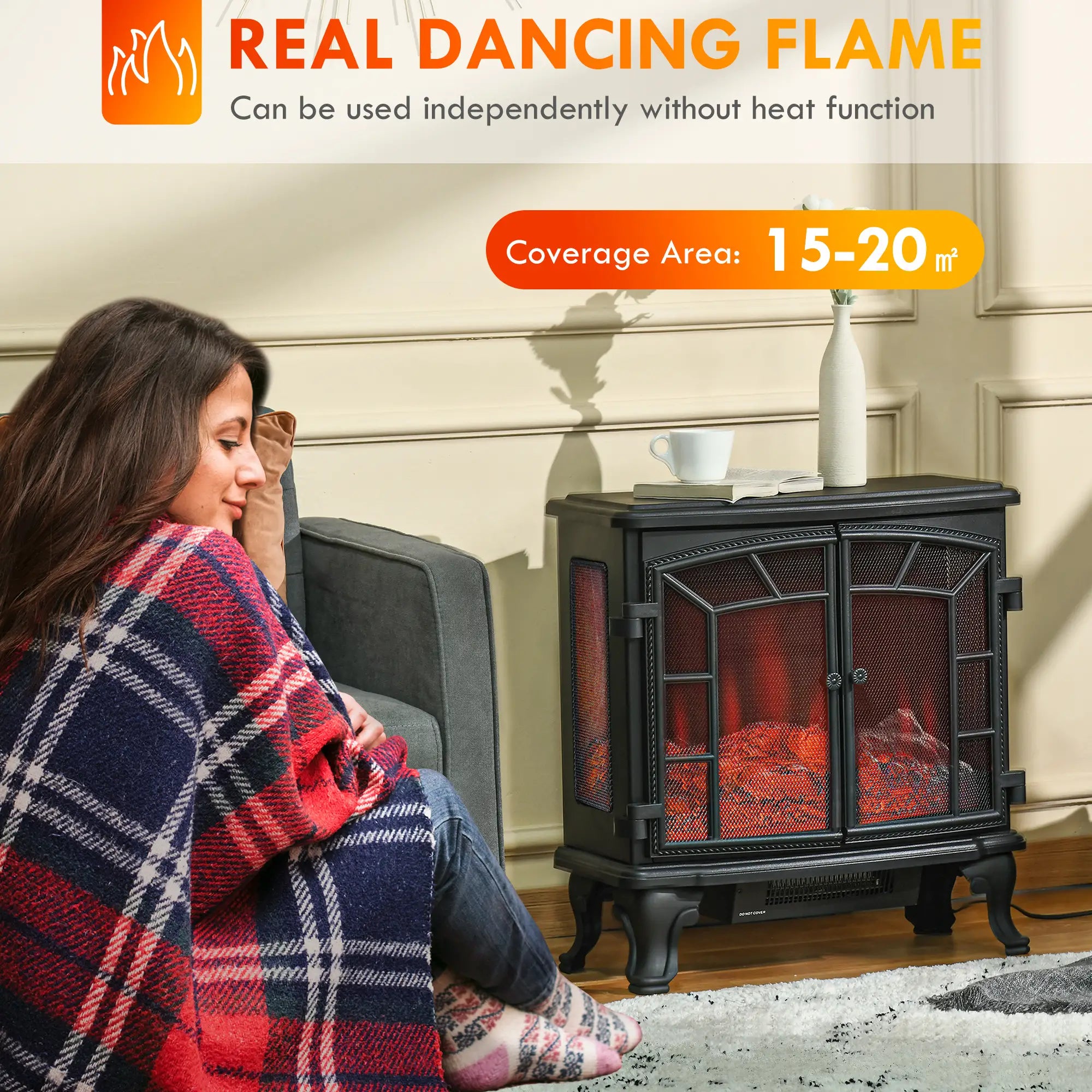 Electric Fireplace Heater, Freestanding, Realistic Flame, Timer, Overheat Protection, 750W/1500W, Black Electric Fireplaces at Gallery Canada