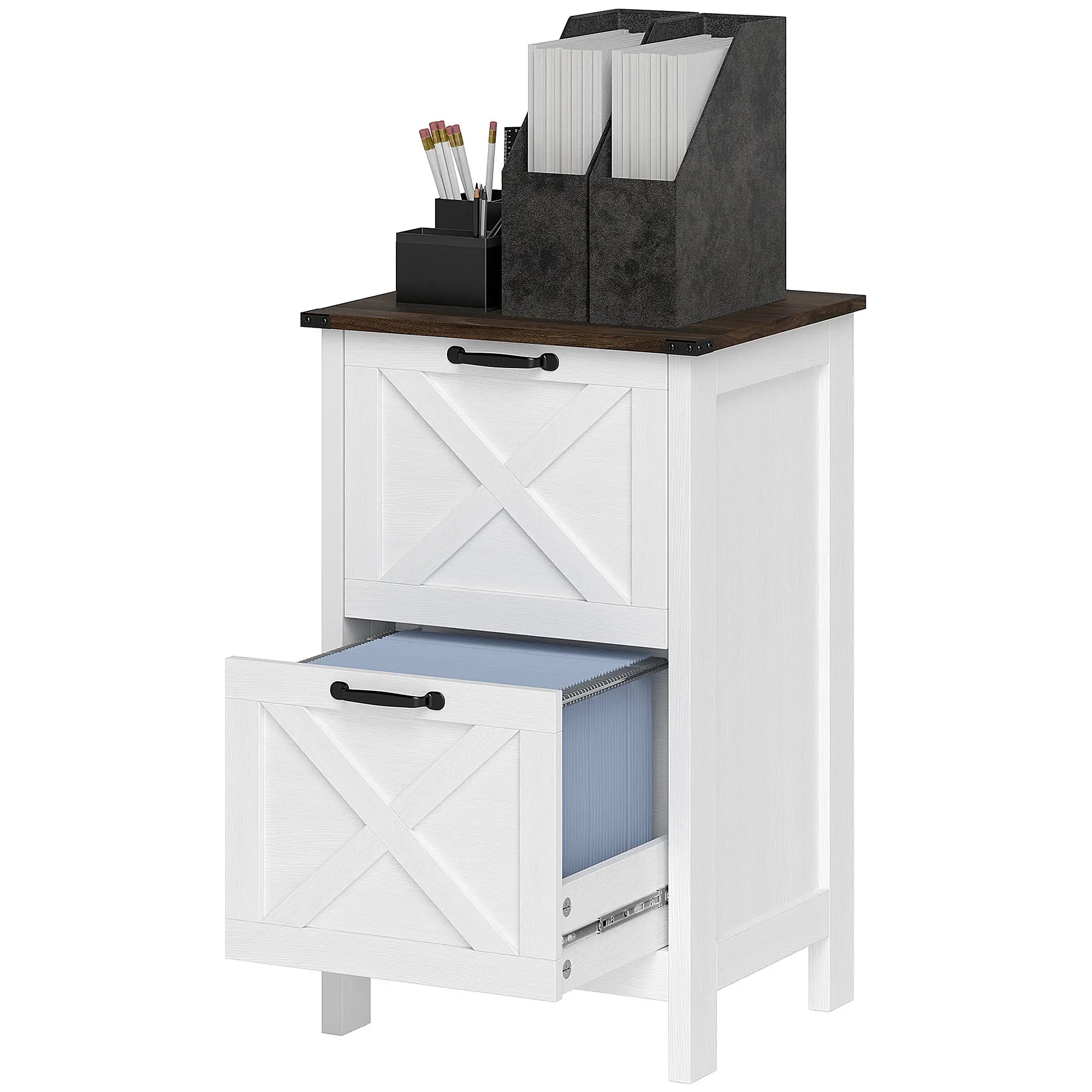 2 Drawer Vertical Filing Cabinet, Rustic Farmhouse, A4 Letter Size, Distressed-Off White Office Cabinets & Cupboards Distressed Off-White at Gallery Canada