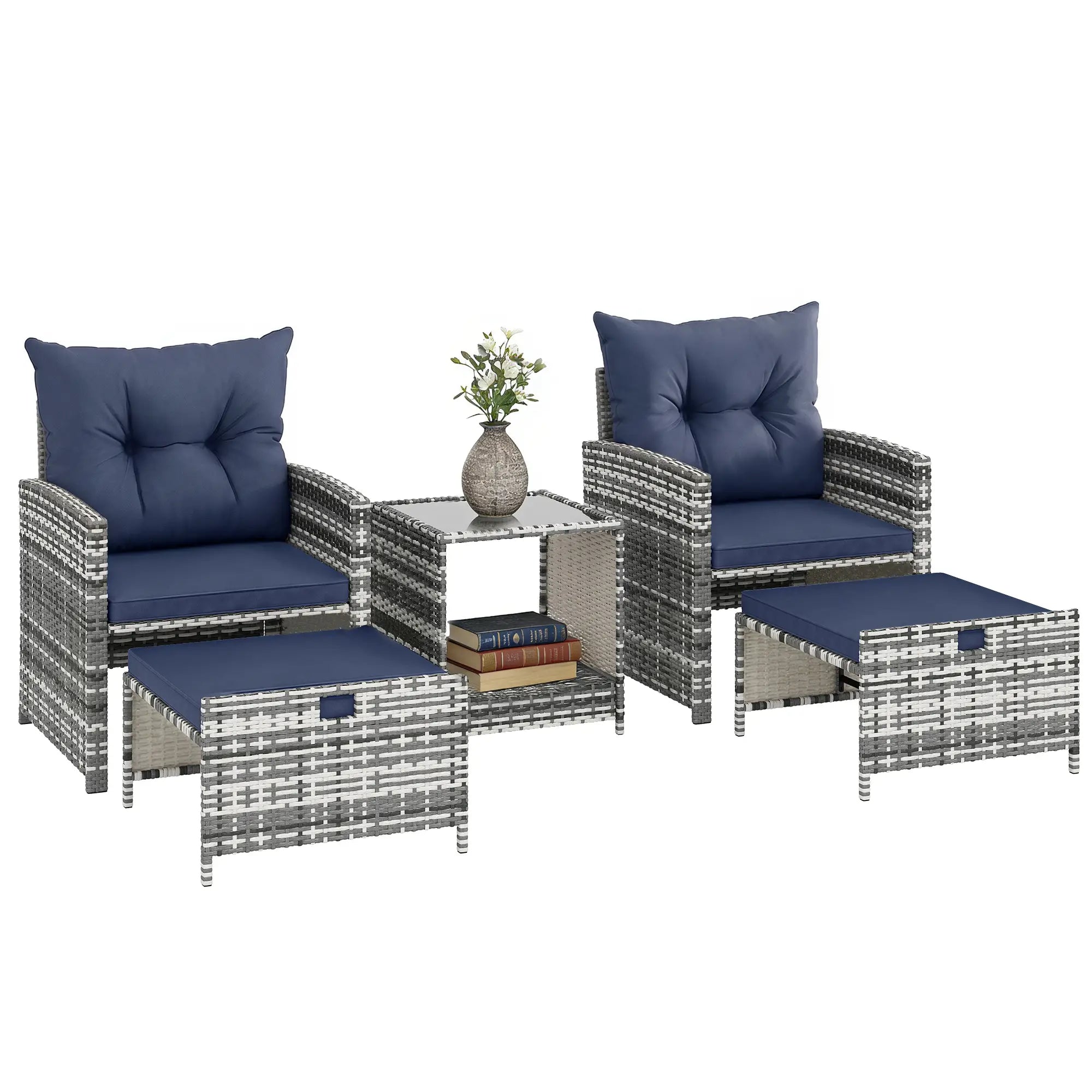 5 Piece Patio Furniture Set, Wicker Chairs With Ottomans, 2-Tier Glass Coffee Table, Grey/Dark Blue Patio Furniture Sets at Gallery Canada