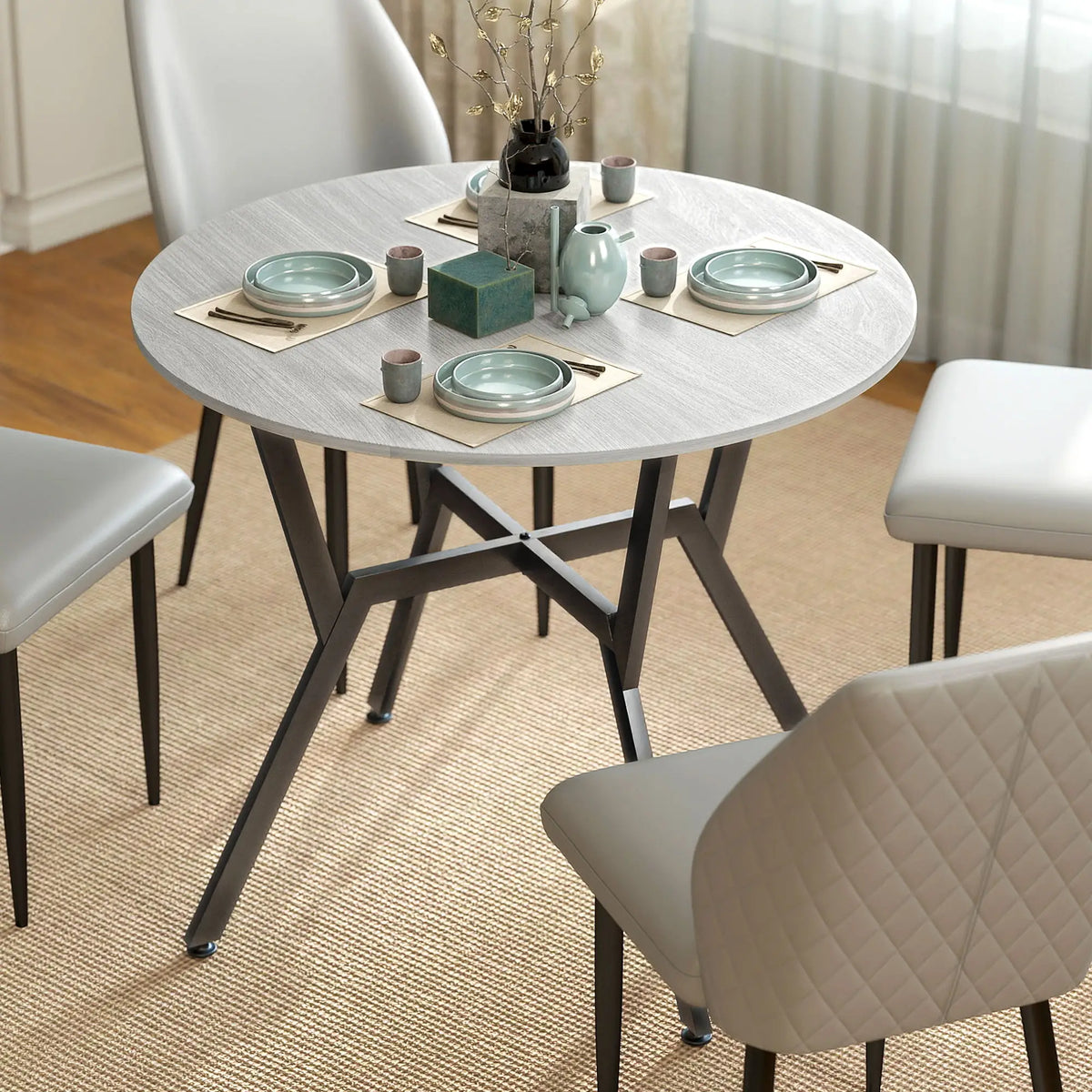 35" Round Dining Table, Steel Frame, Small Kitchen Table, Grey