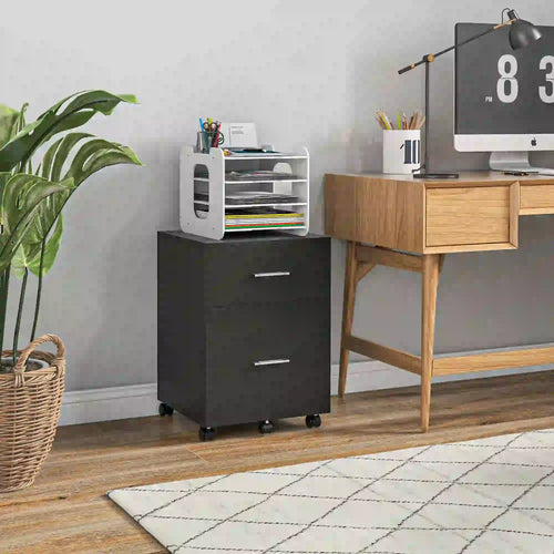 Mobile Vertical File Cabinet, 2 Drawers with Wheels, Letter or A4 Size, Black