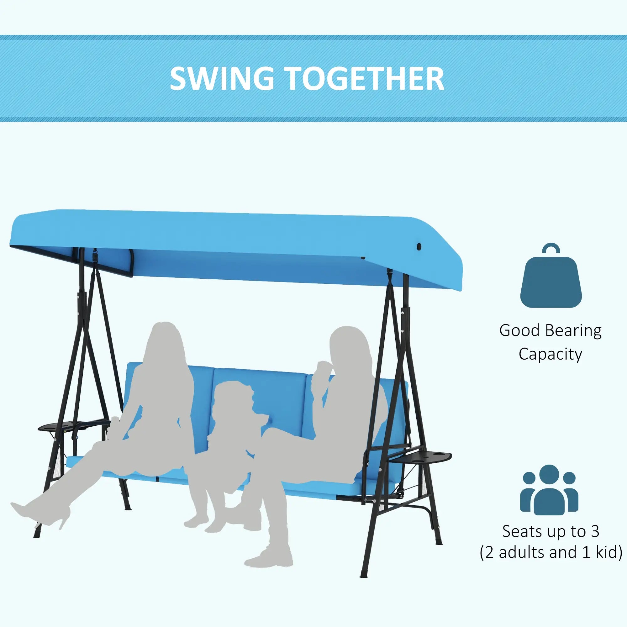 3-Seat Outdoor Porch Swing With Adjustable Canopy, Tray, Cushion, Blue Patio Swings with Stand at Gallery Canada