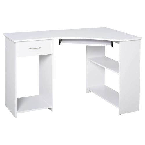L-Shaped Desk With Keyboard Tray, Shelves, Drawer, CPU Stand, White